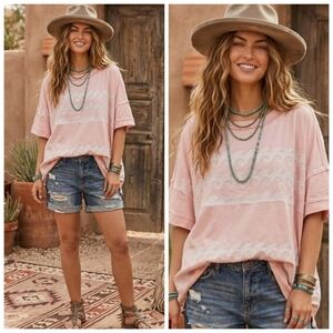 Women’s Short Embroidered Sleeve Tee - Pink Relaxed Fit
